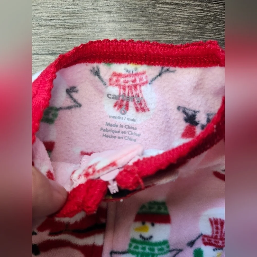 Carter's 6 Month Fleece Pink Holiday Santa Snowman Pajama Bodysuit